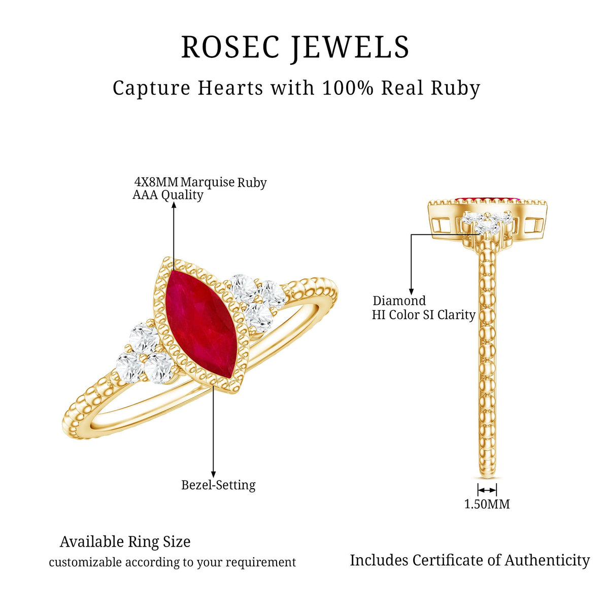 Anillo de compromiso de marquesa de rubí de 0,75 quilates de estilo vintage con trío de diamantes