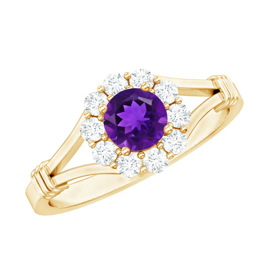 Anillo de compromiso con halo de amatista y diamantes de 0,45 quilates en montura de hombros divididos