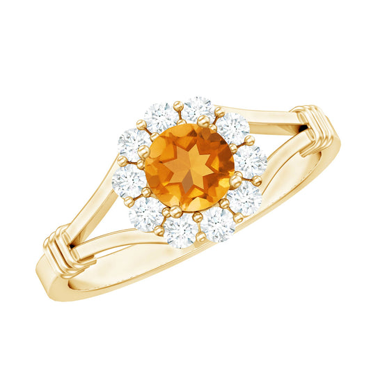 Anillo de compromiso de flor con diamantes y citrino auténtico con brazo dividido