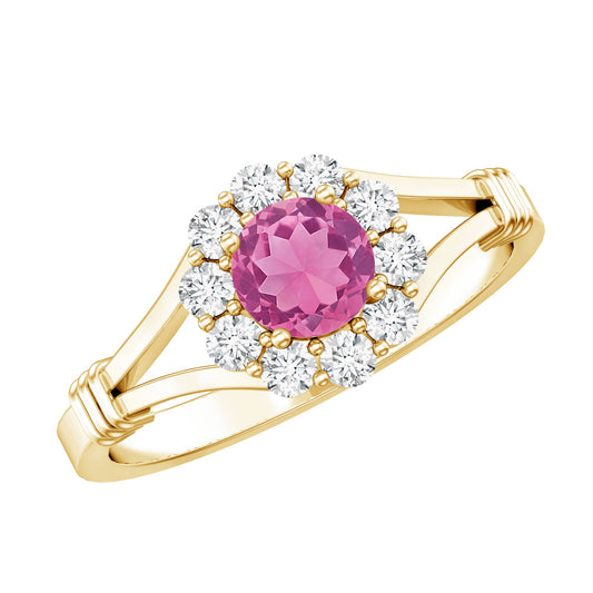 Anillo de compromiso de turmalina rosa y diamantes auténticos con vástago dividido