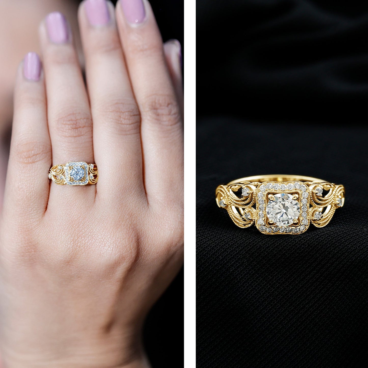 Anillo de compromiso art déco de moissanita certificada para mujer