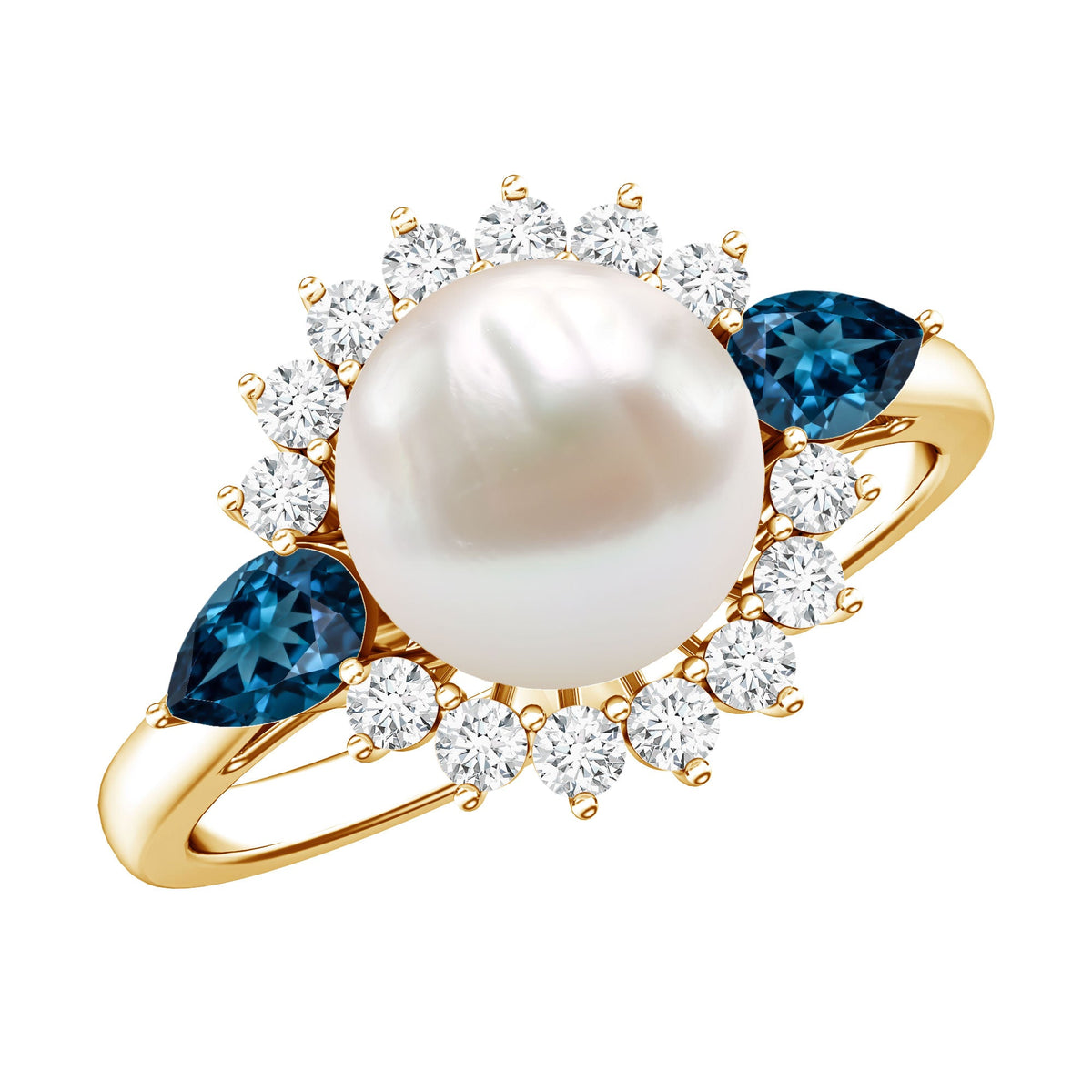 8MM Freshwater Cultured Pearl Designer Engagement Ring with Blue Topaz