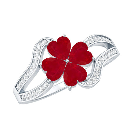 Real Ruby Flower Engagement Ring with Diamond Split Shank