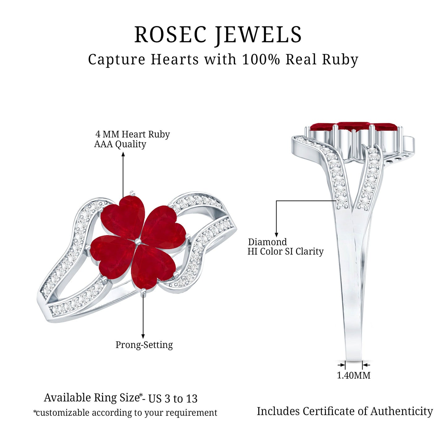Real Ruby Flower Engagement Ring with Diamond Split Shank