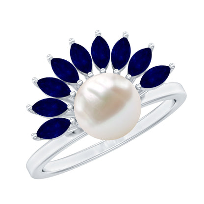 Anillo de compromiso de perlas cultivadas de agua dulce de 3 quilates con zafiro azul