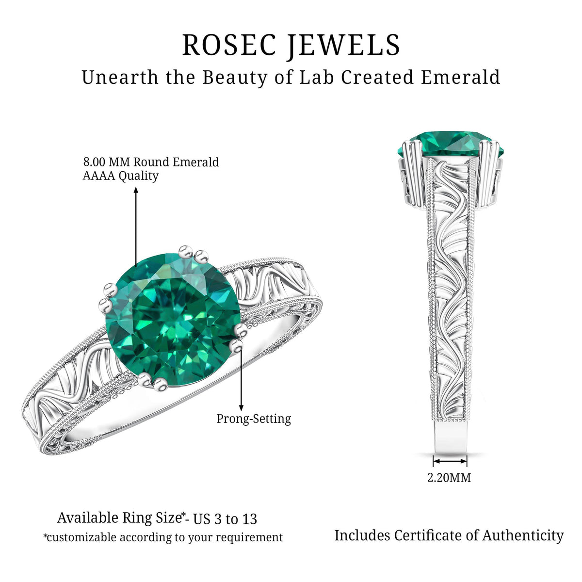 Lab Emerald Solitaire Vintage Engagement Ring