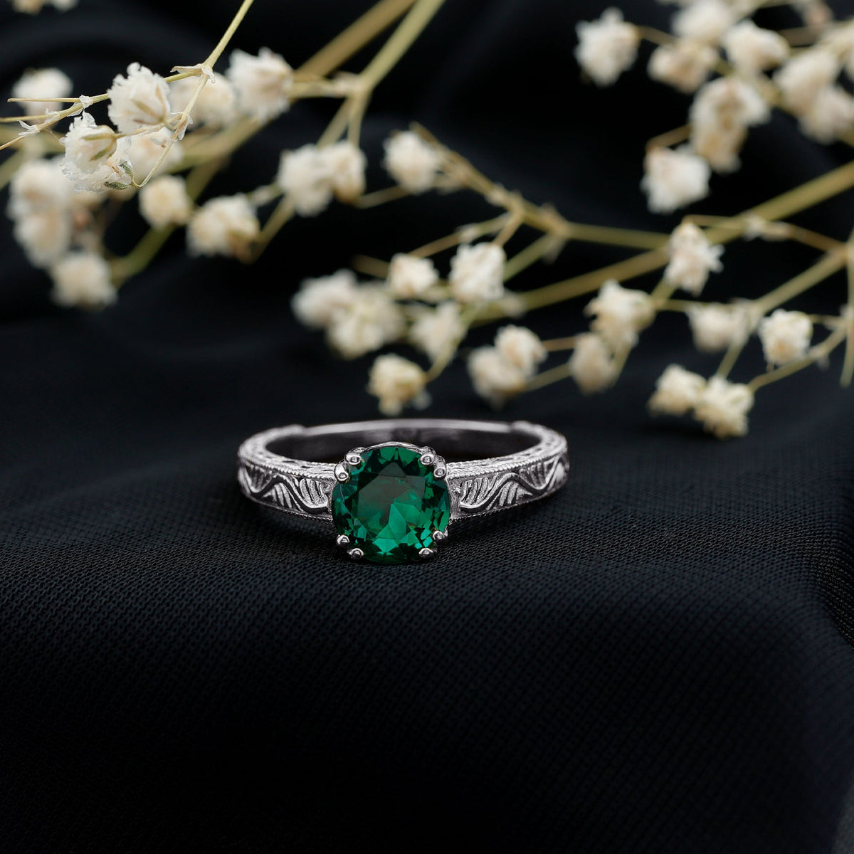Lab Emerald Solitaire Vintage Engagement Ring