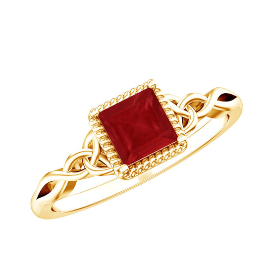 Natural 0.8 Carat Princess Cut Ruby Promise Ring with Celtic Knot