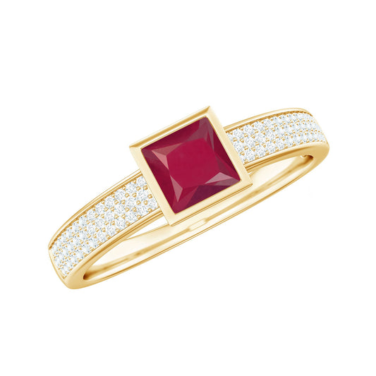 Anillo de compromiso de princesa con rubí natural de 0,8 quilates y diamante