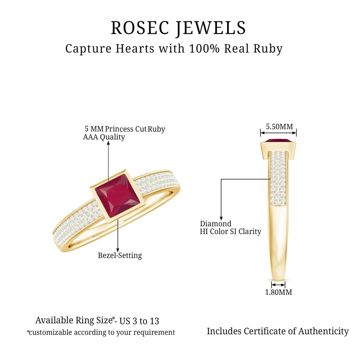 Natural 0.8 Carat Ruby Princess Cut Engagement Ring with Diamond