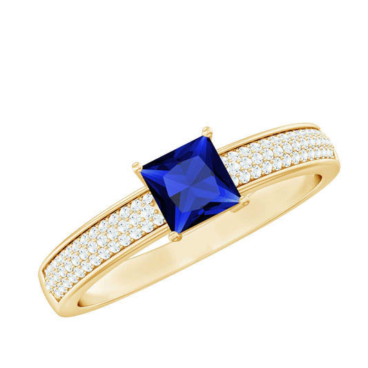 Anillo de compromiso de zafiro azul de laboratorio talla princesa de 0,7 quilates con diamante