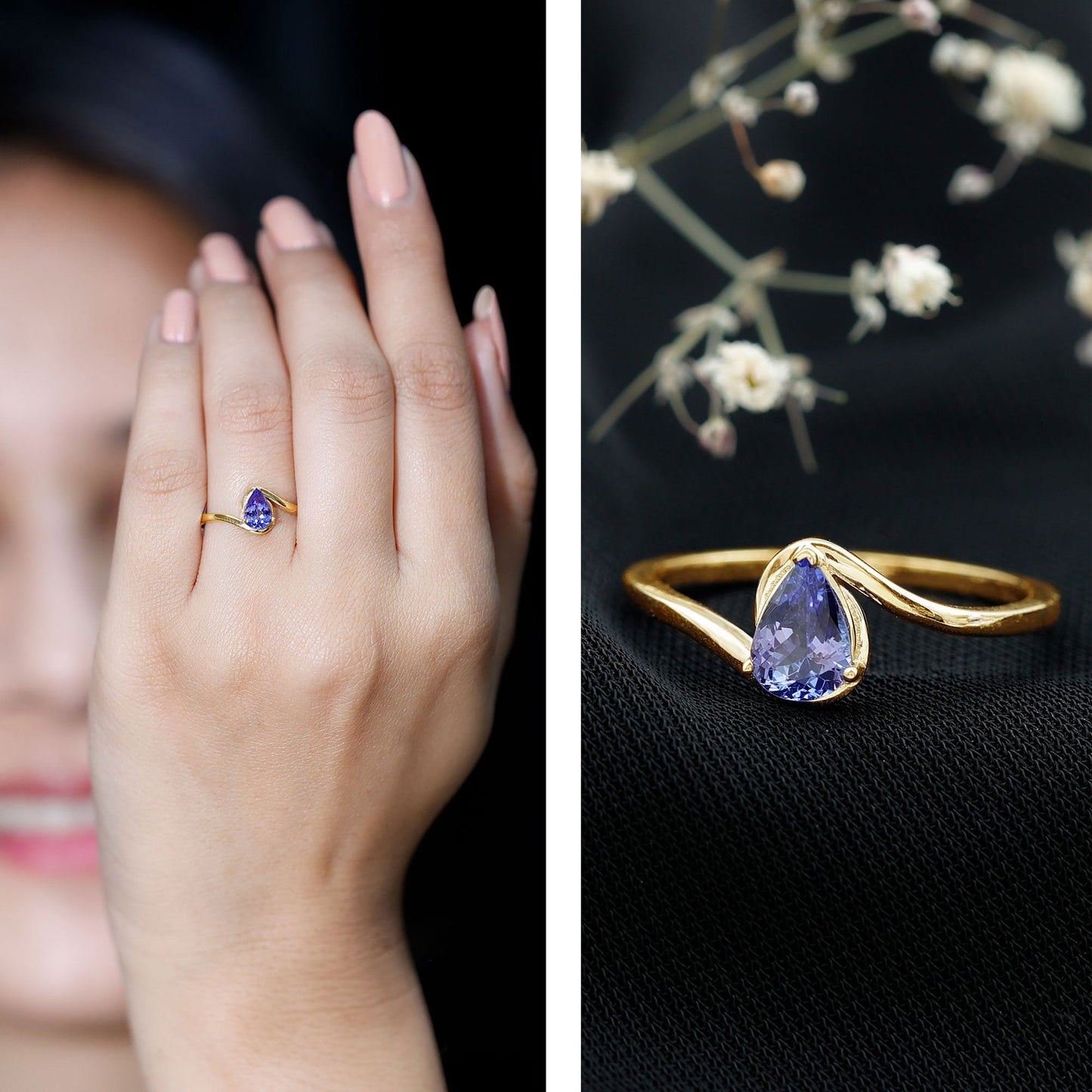 Anillo de compromiso solitario de tanzanita natural con vástago de derivación