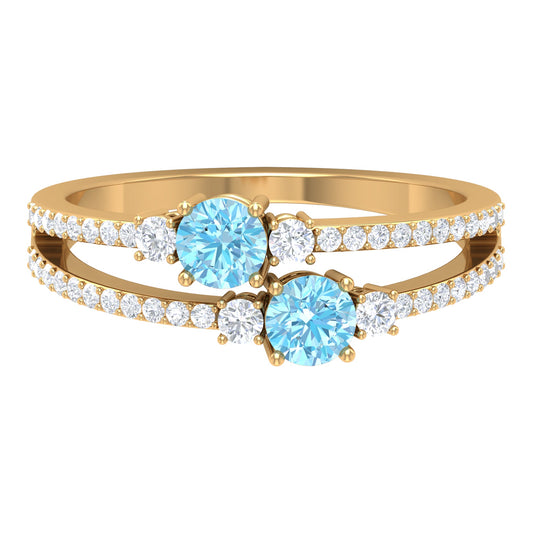 Anillo de Promesa de Aguamarina Natural y Diamantes de 2 Piedras con Brazo Dividido