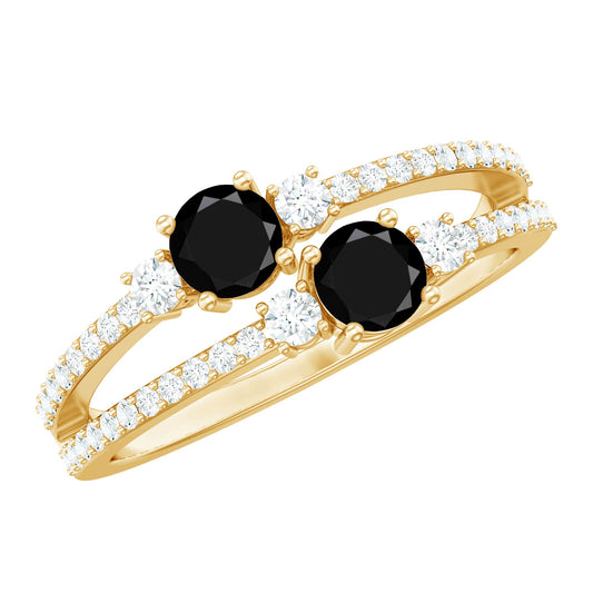 Anillo de compromiso de ónix negro auténtico de dos piedras con diamante