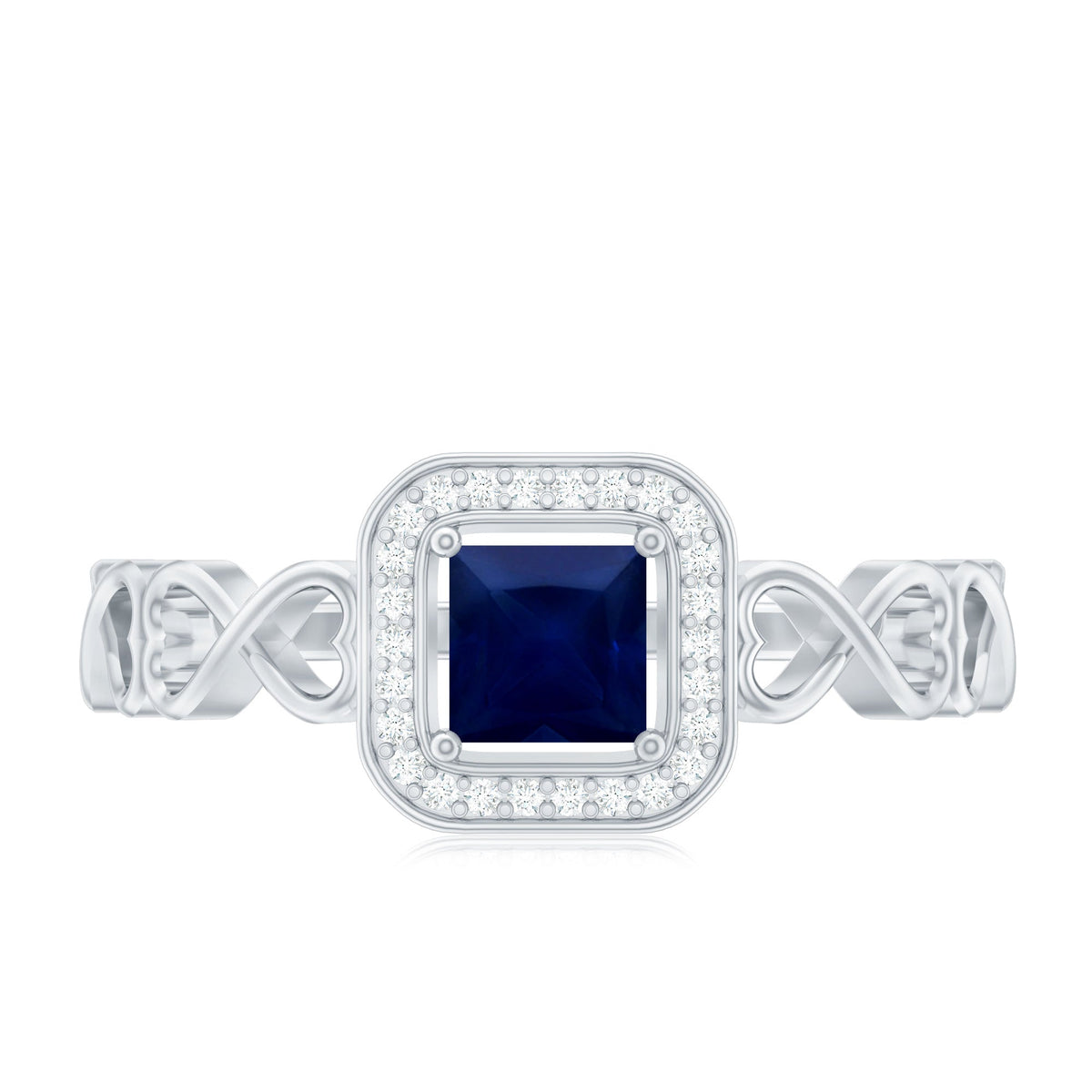 Natural Princess Cut Blue Sapphire Diamond Promise Ring with Infinity Heart Shank