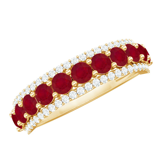 Anillo de medio engaste de rubí natural y diamante para aniversario para mujer