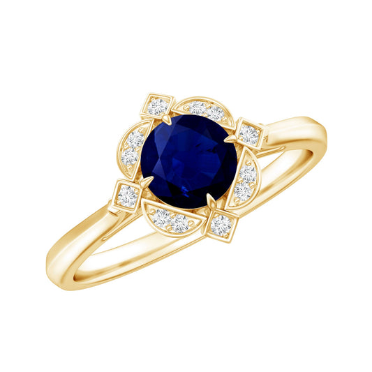 Anillo de compromiso de zafiro azul de 0,9 quilates estilo vintage con halo de diamantes