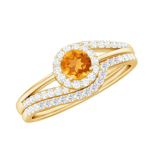 Anillo de compromiso de citrino auténtico con alianza de diamantes