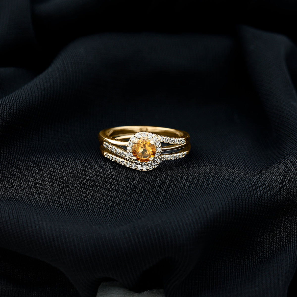 Genuine Citrine Engagement Ring with Diamond Wedding Band
