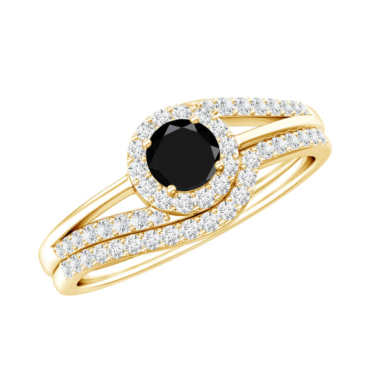 Conjunto de alianzas de boda minimalistas de ónix negro con banda curva de diamantes