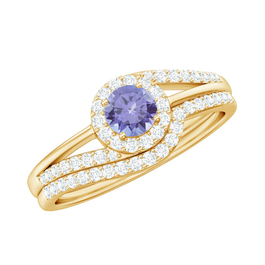 Anillo de compromiso de tanzanita auténtica con realzador de diamantes