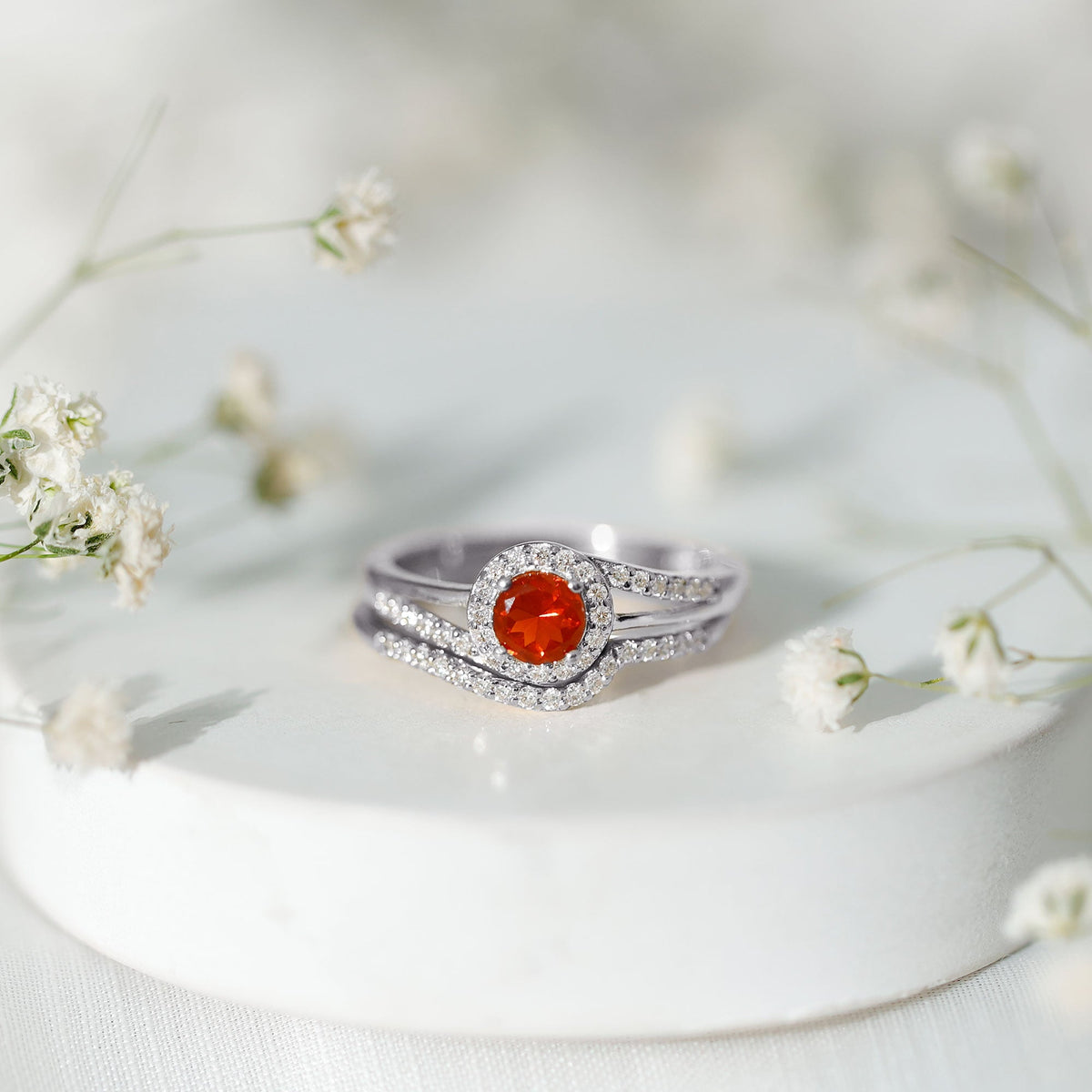 Certified Fire Opal Engagement Ring with Diamond Enhancer