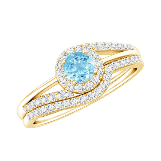 Anillo de compromiso de aguamarina auténtica certificada con realzador de diamantes