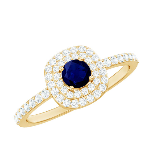 Anillo de compromiso clásico de zafiro azul de 0,4 quilates con doble halo de diamantes