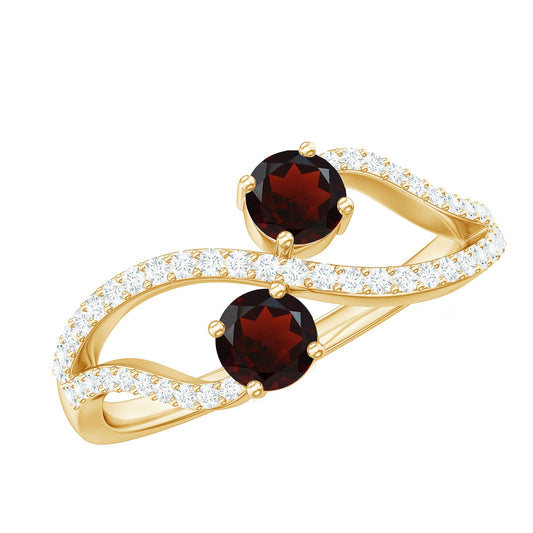 Anillo de Compromiso de Granate Natural con Dos Piedras y Diamante