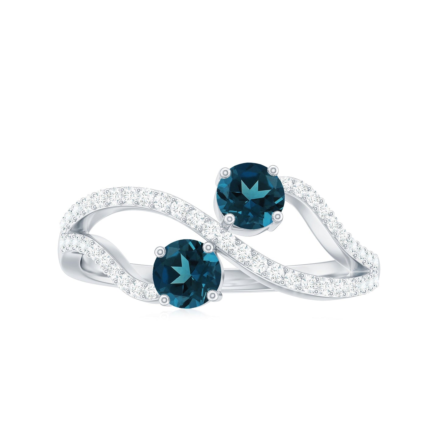 Anillo de promesa de topacio azul de Londres natural de 2 piedras con diamante