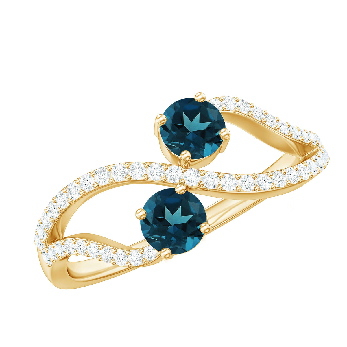 Anillo de promesa de topacio azul de Londres natural de 2 piedras con diamante