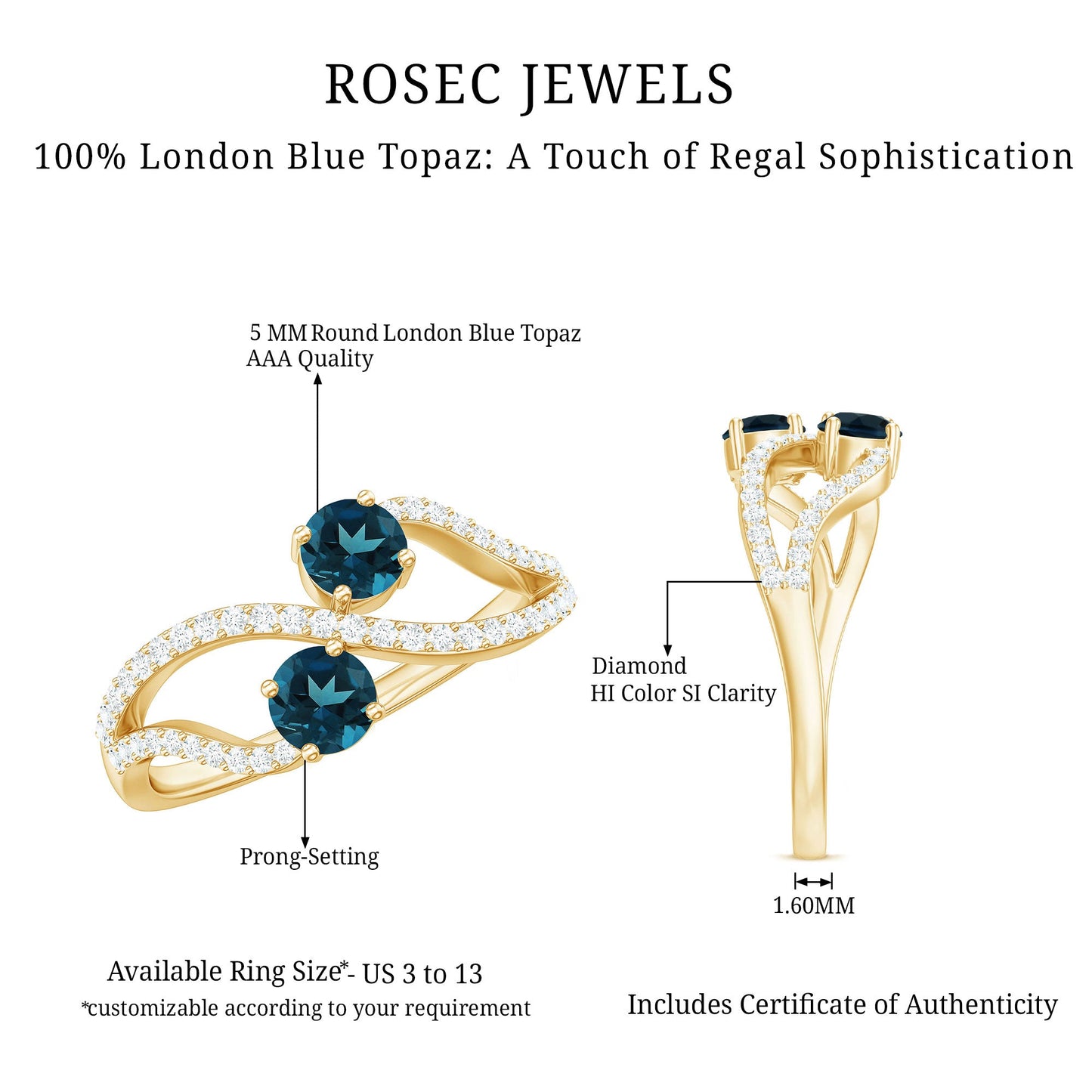 Anillo de promesa de topacio azul de Londres natural de 2 piedras con diamante