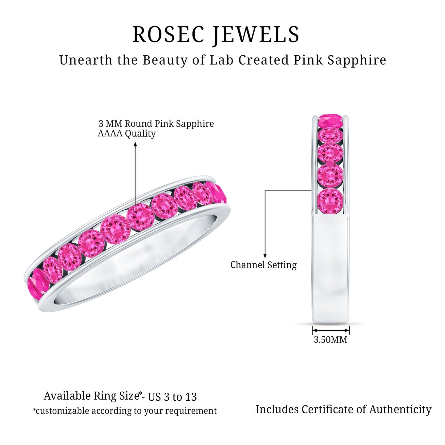 Anillo de media eternidad de zafiro rosa redondo creado en laboratorio con engaste de canal