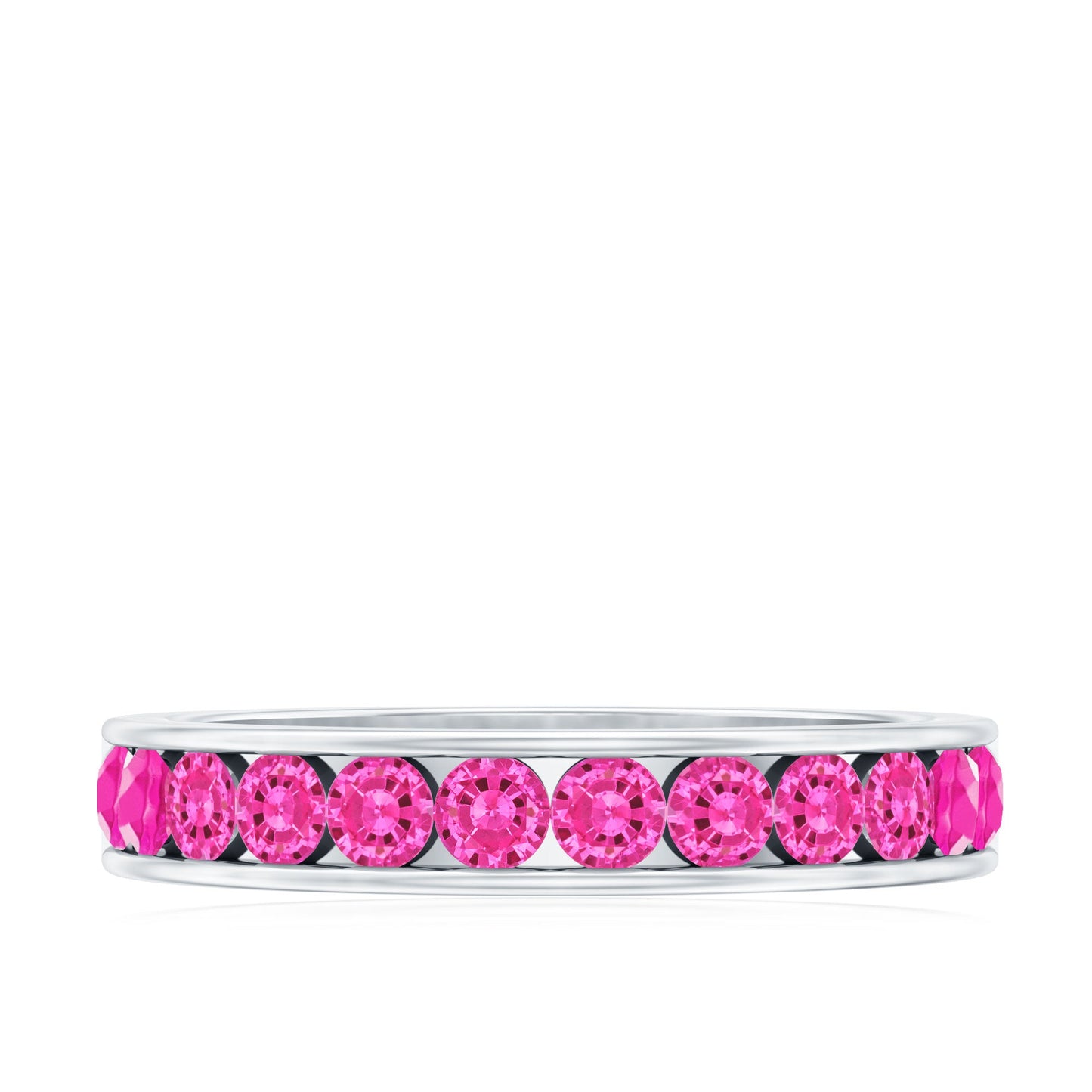 Anillo de media eternidad de zafiro rosa redondo creado en laboratorio con engaste de canal