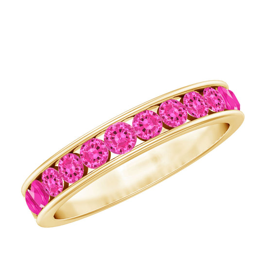 Anillo de media eternidad de zafiro rosa redondo creado en laboratorio con engaste de canal