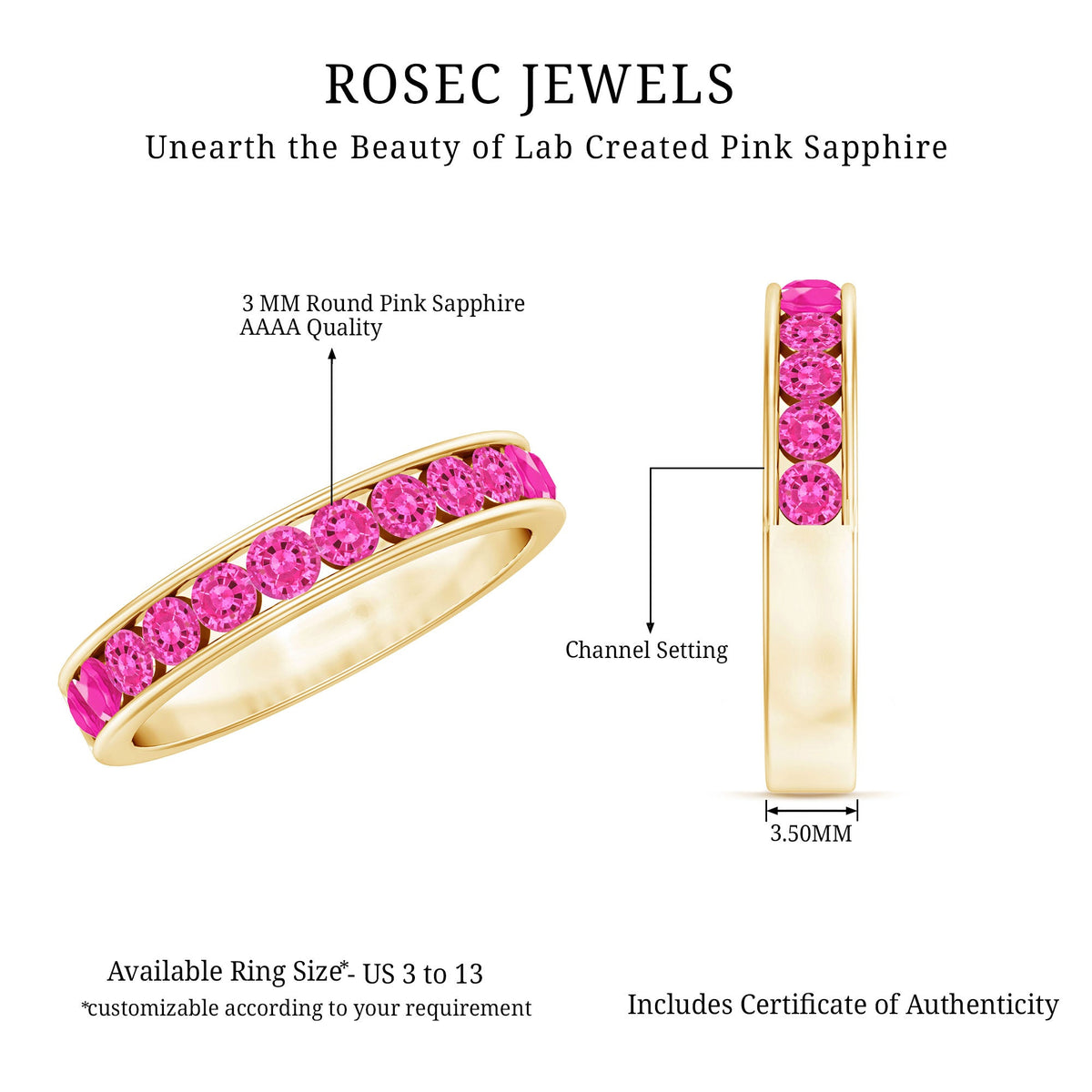 Anillo de media eternidad de zafiro rosa redondo creado en laboratorio con engaste de canal