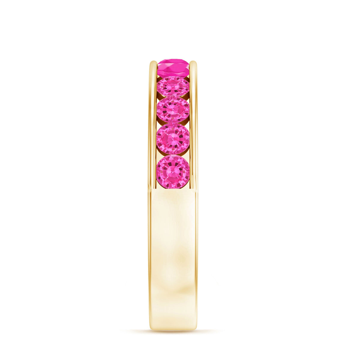 Anillo de media eternidad de zafiro rosa redondo creado en laboratorio con engaste de canal