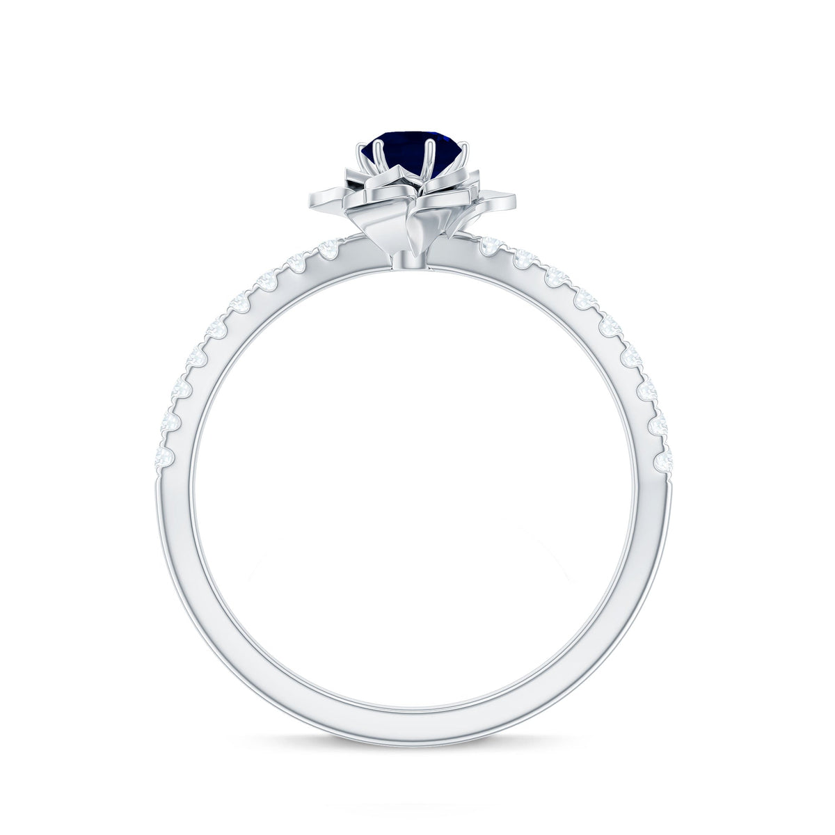 Real 0.9 Carat Blue Sapphire Rose Flower Engagement Ring with Diamond