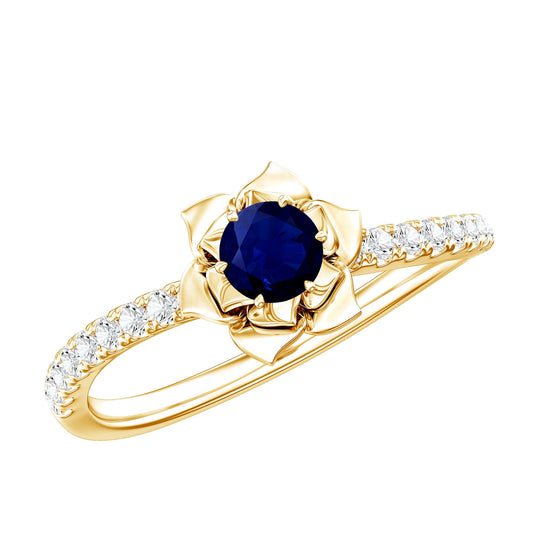 Anillo de compromiso con zafiro azul de 0,9 quilates real y flor de rosa con diamante
