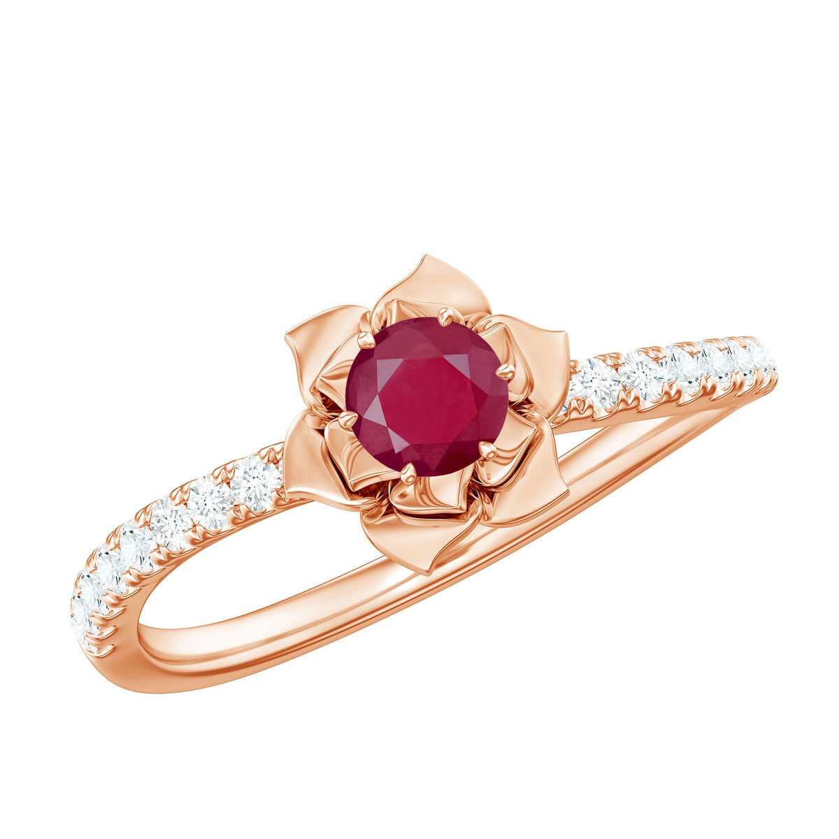 Anillo de compromiso de flor de rubí natural de 0,6 quilates con diamante