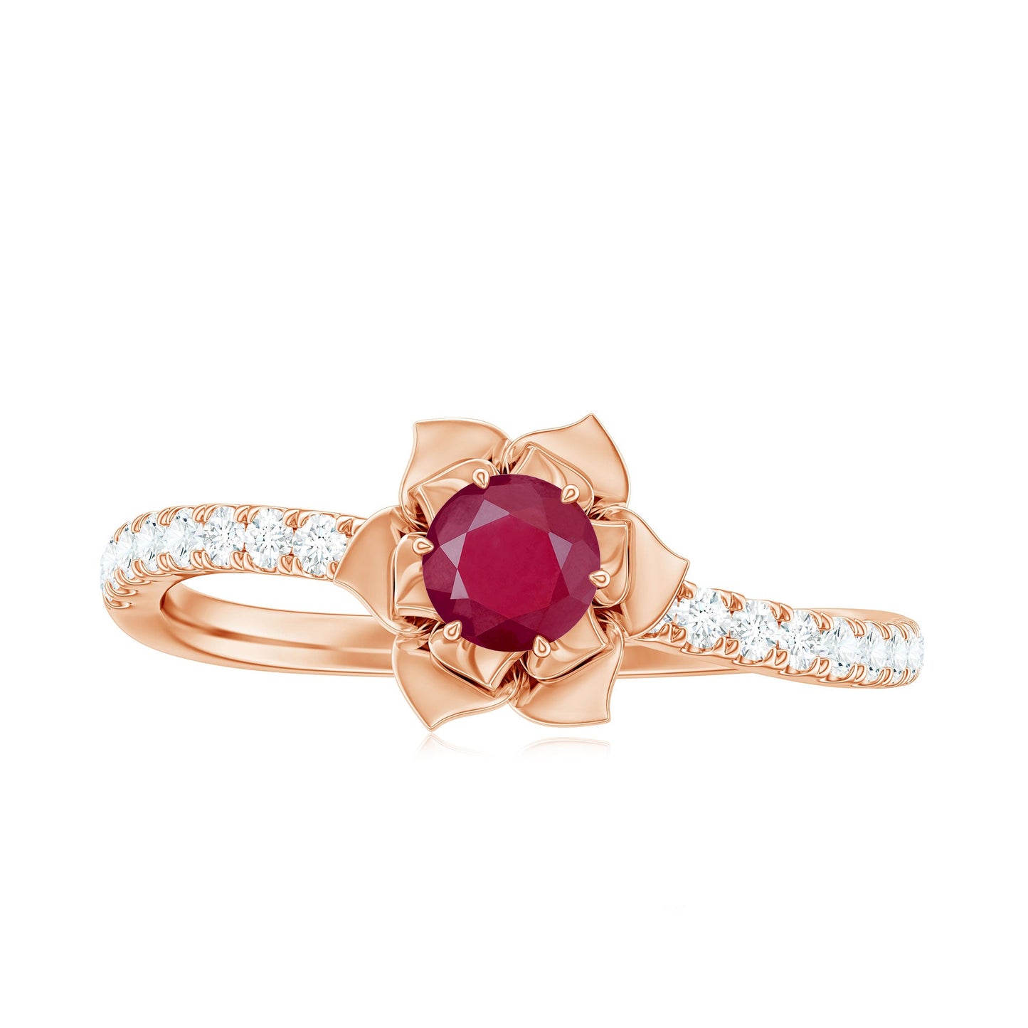 Anillo de compromiso de flor de rubí natural de 0,6 quilates con diamante