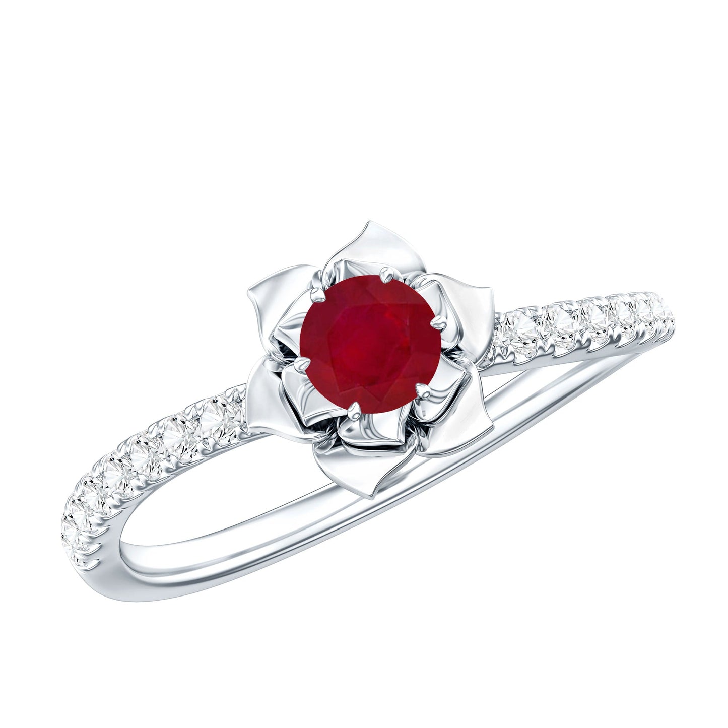 Anillo de compromiso de flor de rubí natural de 0,6 quilates con diamante