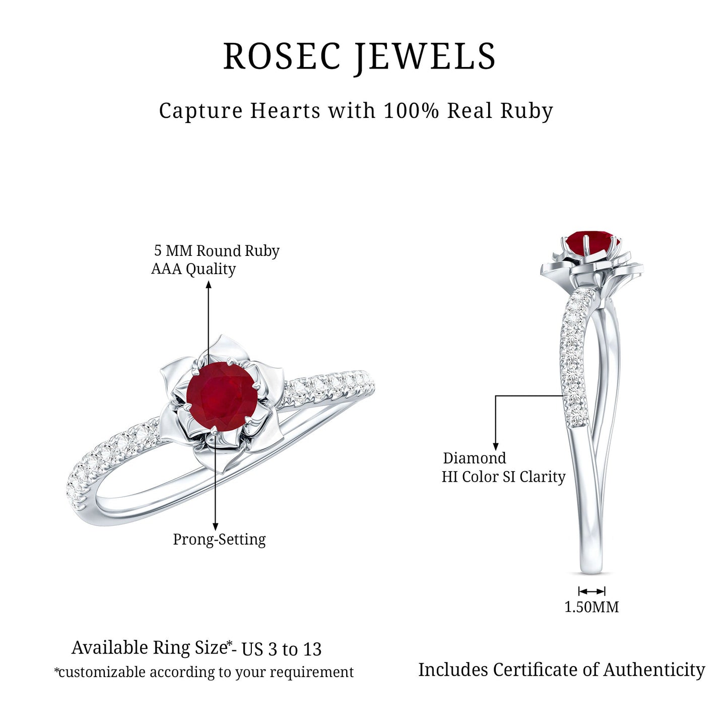 Anillo de compromiso de flor de rubí natural de 0,6 quilates con diamante