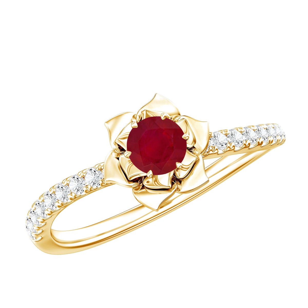 Anillo de compromiso de flor de rubí natural de 0,6 quilates con diamante