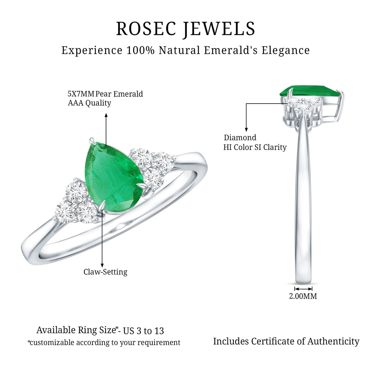 0.6 Carat AAA Quality Pear Shape Emerald Teardrop Engagement Ring with Diamond