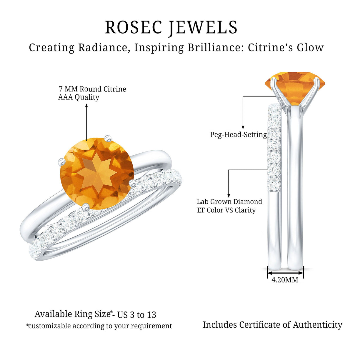 Juego de anillos de boda para novia de citrino natural con diamantes