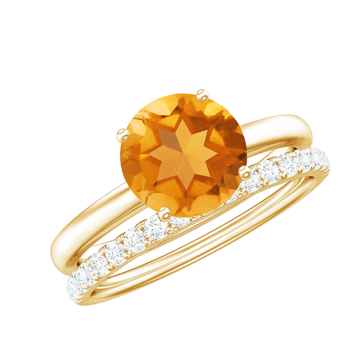 Juego de anillos de boda para novia de citrino natural con diamantes
