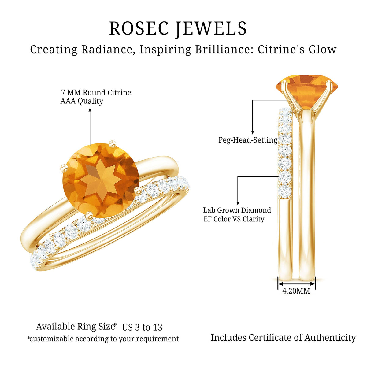 Juego de anillos de boda para novia de citrino natural con diamantes