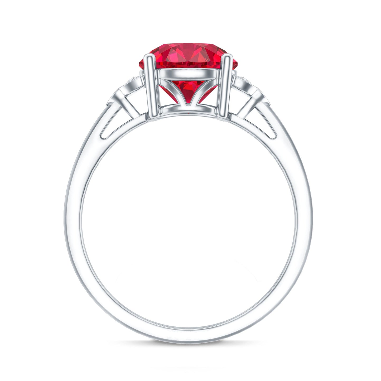 Anillo de compromiso solitario de rubí creado en laboratorio con trío de diamantes