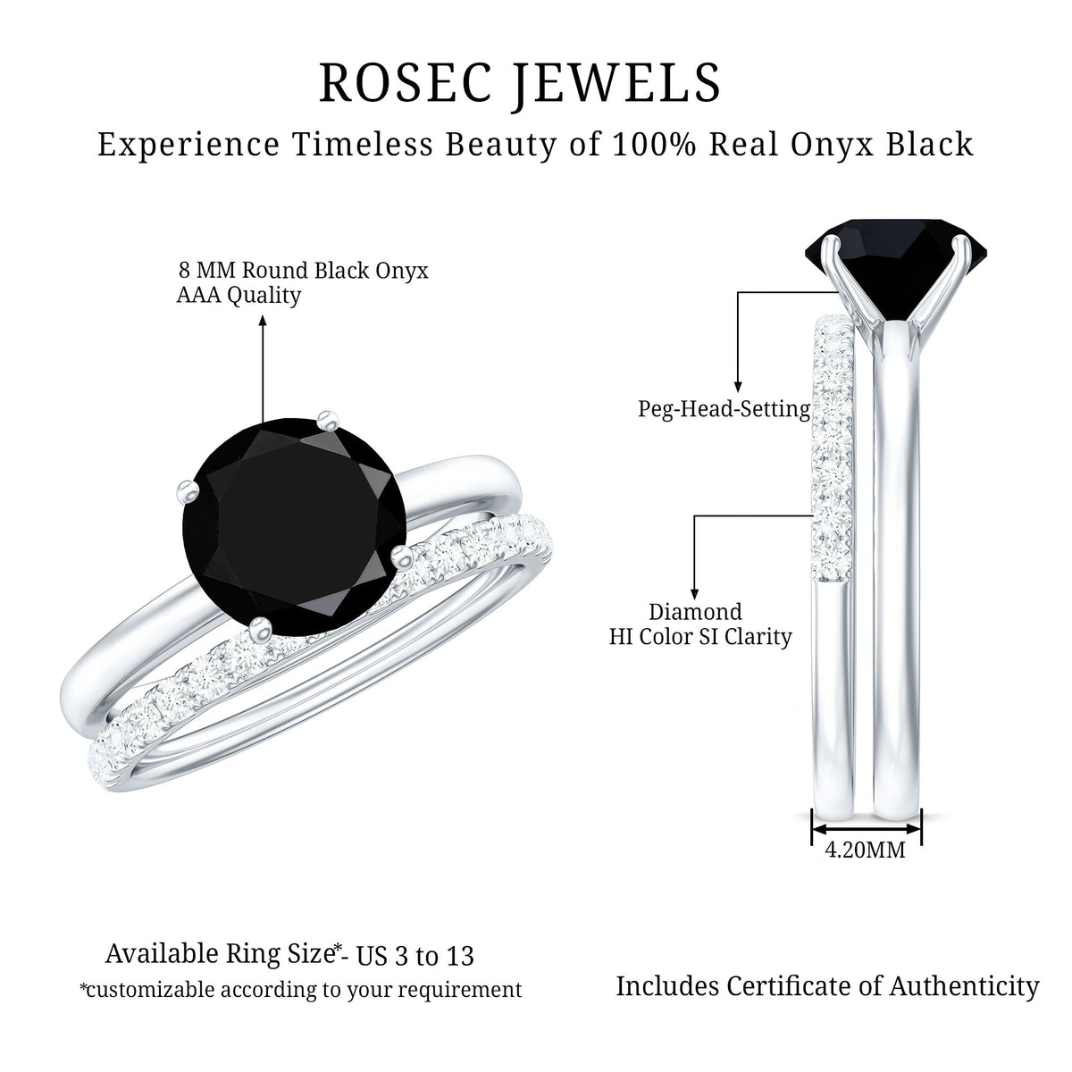 Anillos de compromiso solitario de ónix negro natural de 2 quilates con realzador de diamantes